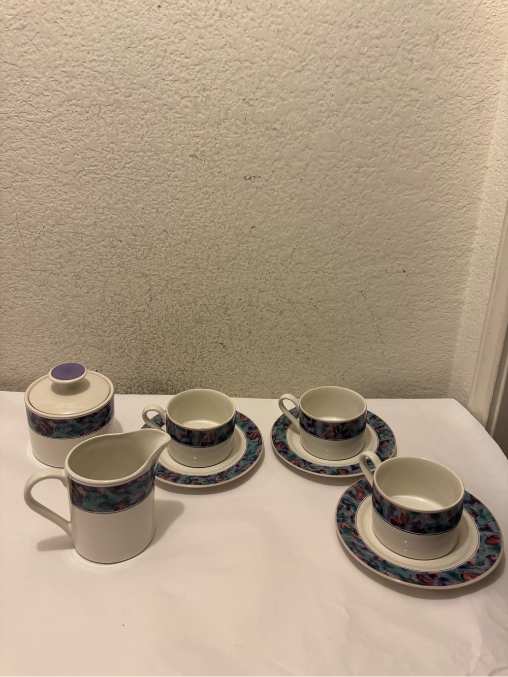 Sango spring Porcelain Teacup Saucer creamer sugar bowl Set Blue Floral Band